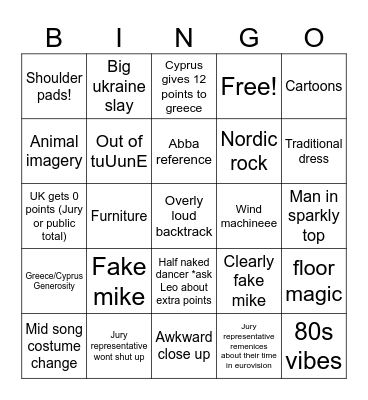 EUROVISIOOOOON Bingo Card