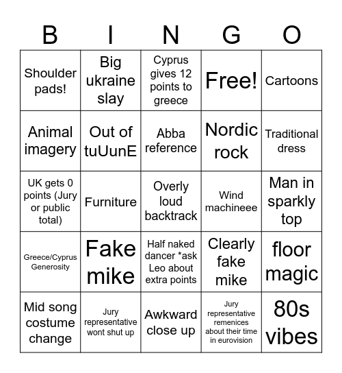 EUROVISIOOOOON Bingo Card