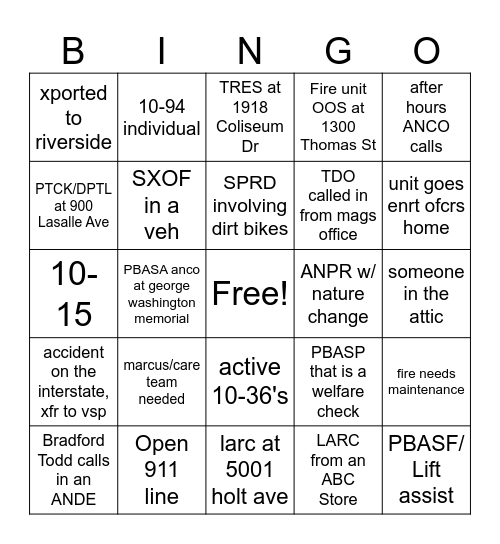 Dispatch Bingo Card