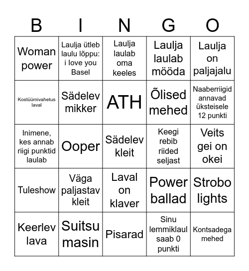 Eurovision Bingo Card