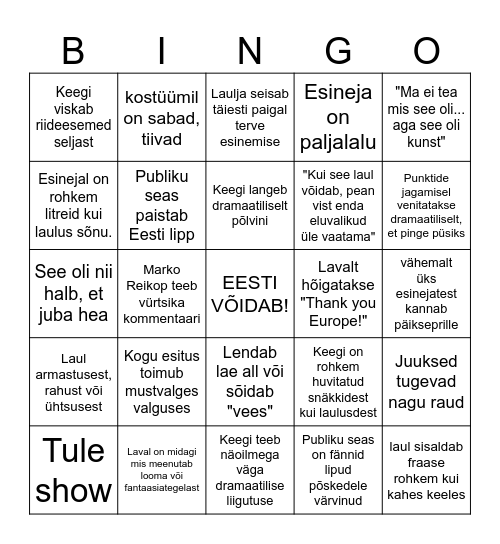 EUROVISIOON 2025 Basel Bingo Card