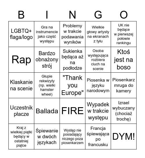 Eurowizja Bingo Card