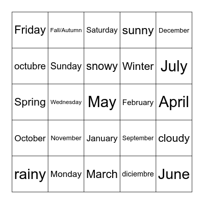 Los Días-Los Meses-Las Estaciones en Inglés Bingo Card
