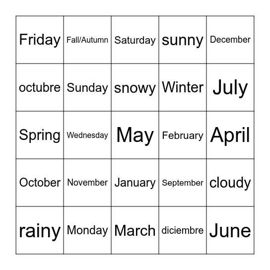 Los Días-Los Meses-Las Estaciones en Inglés Bingo Card
