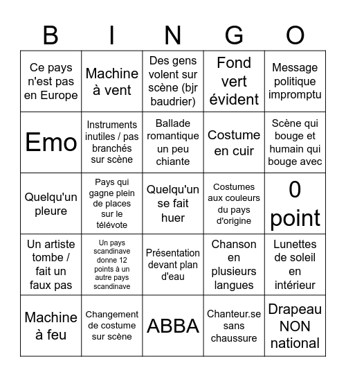 Eurovision Bingo Card