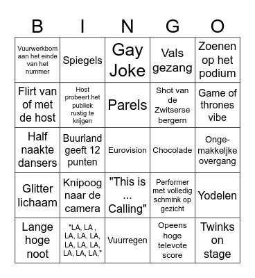 Eurovisie 2025 Bingo Card