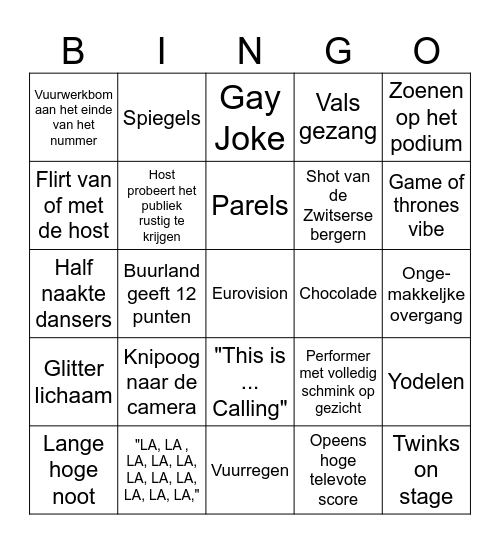 Eurovisie 2025 Bingo Card