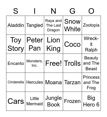 Disney SINGO Bingo Card