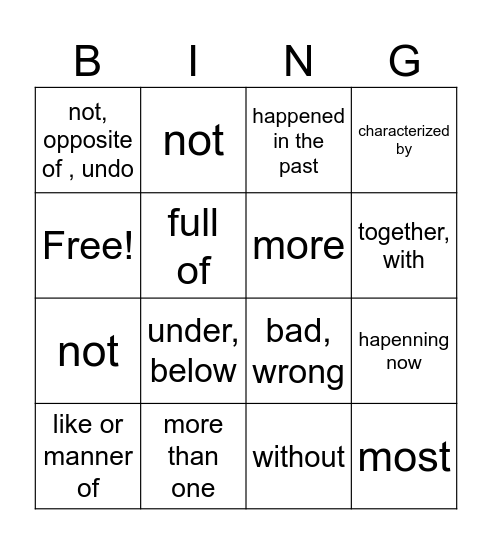 Affix Bingo Card