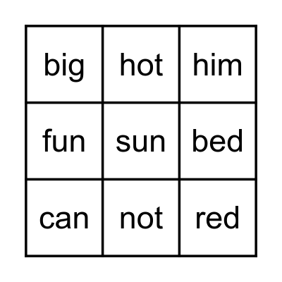 Short Vowel Words Bingo Card