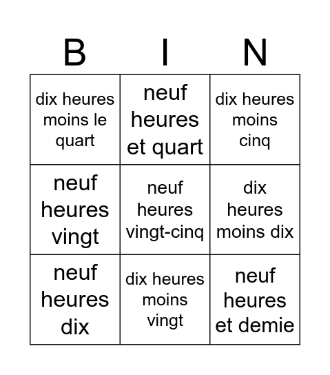 L'heure Bingo Card