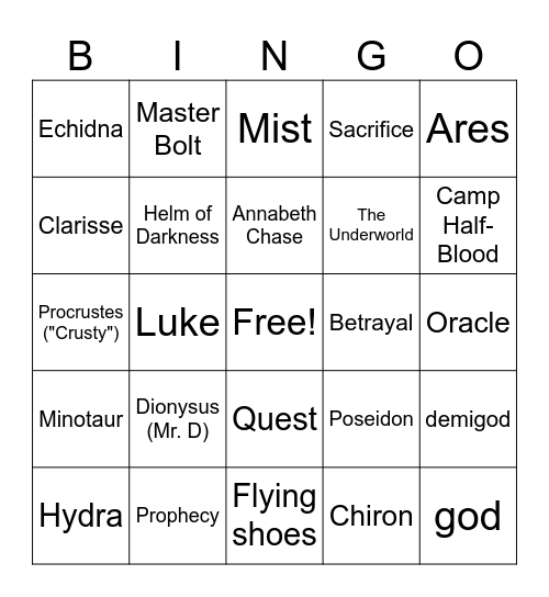 Percy Jackson The Lightning Thief Bingo Card