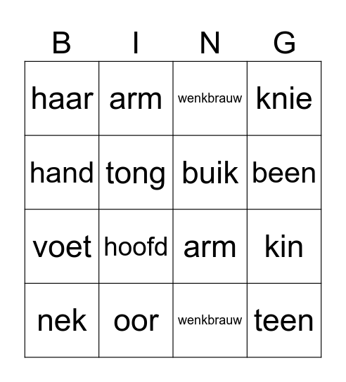 Lichaamsdelen Bingo Card