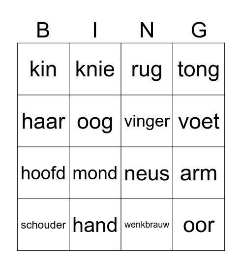 Lichaam Bingo Card
