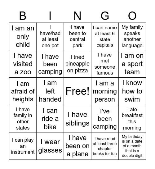 Fun Bingo! Bingo Card