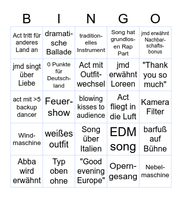 Eurovision 2025 Bingo Card