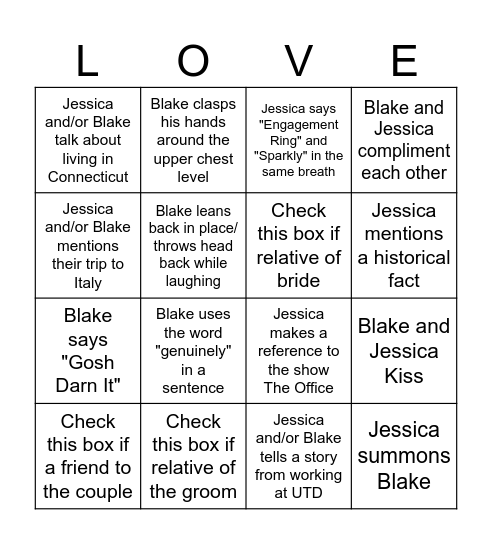 Jessica & Blake Bingo Card