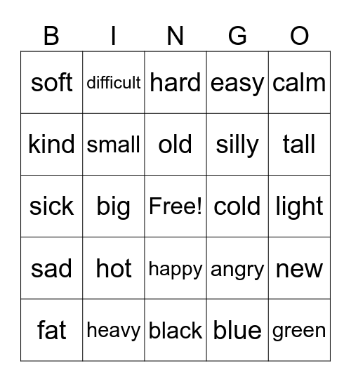 Adjectives from Hands on English Bingo Card