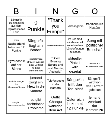 EUROVISION 2025 Bingo Card