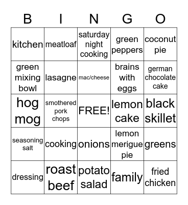 Charlie Mae's Favorite thing - Cooking Bingo Card