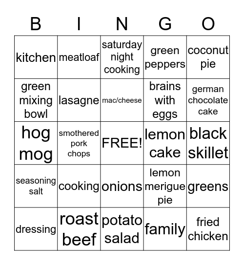 Charlie Mae's Favorite thing - Cooking Bingo Card