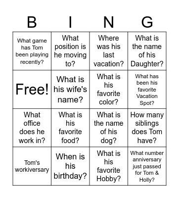 Fun Facts About Tom Bingo Card