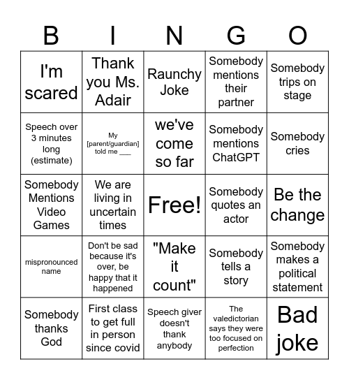 Graduation 2025 Bingo Card