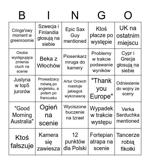 Eurowizja Bingo Card