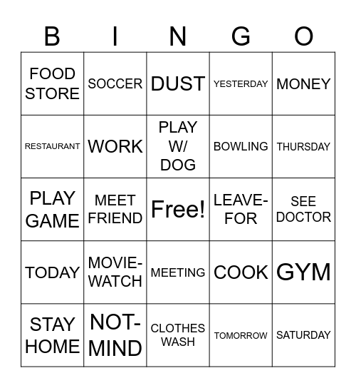 Chores and Activities (5.1, 5.4, 5.5) Bingo Card