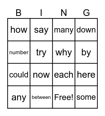 Trick Word Bingo Card