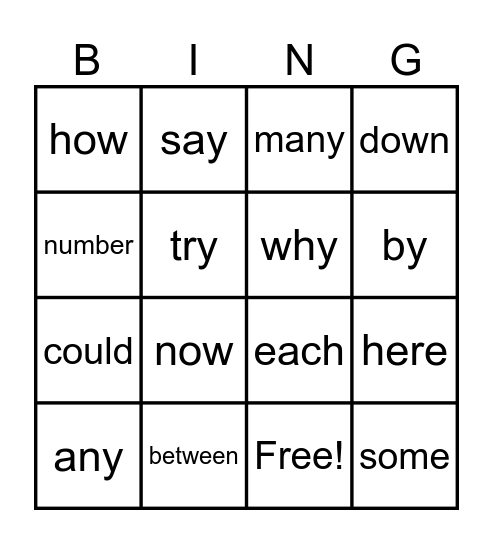 Trick Word Bingo Card