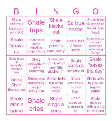 Shale's Bachelorette Blowout Bingo Card