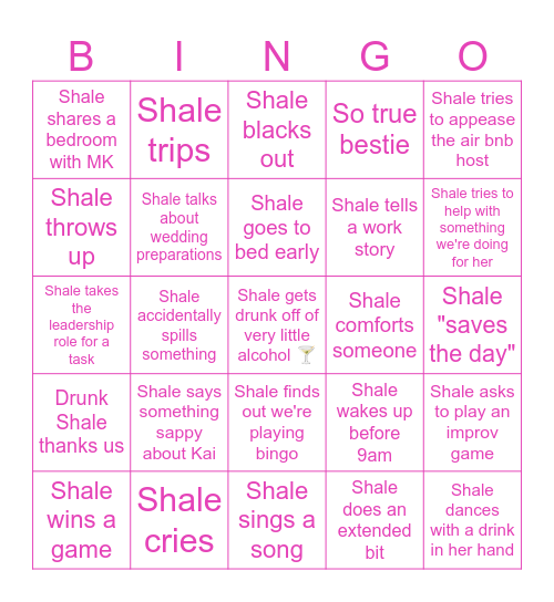 Shale's Bachelorette Blowout Bingo Card