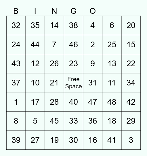NUMBER BINGO 1 - 48 Bingo Card