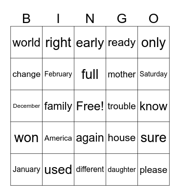 Tricky Words Bingo Card