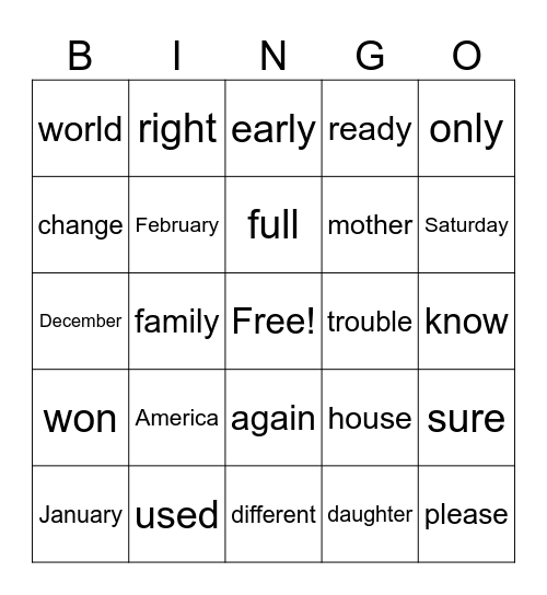 Tricky Words Bingo Card