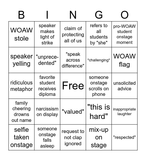 W Commencement Bingo Card
