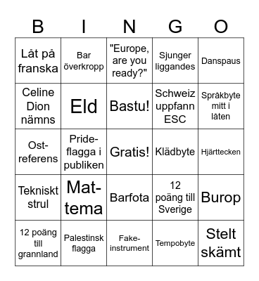 Eurovison Bingo Card