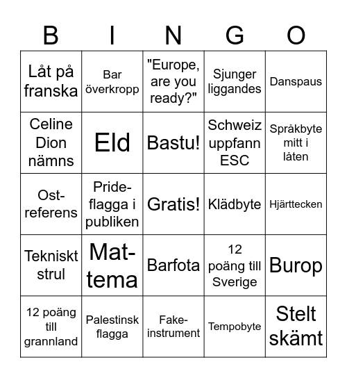 Eurovison Bingo Card