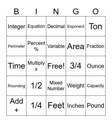 MATH BINGO Card