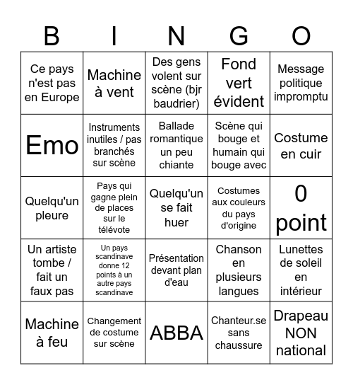 Eurovision Bingo Card