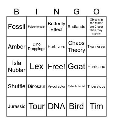 Jurassic Park Science Bingo Card