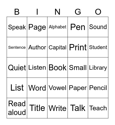 Literacy Bingo Card