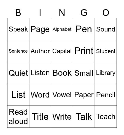 Literacy Bingo Card