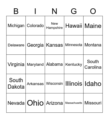 The 50 States Bingo Card