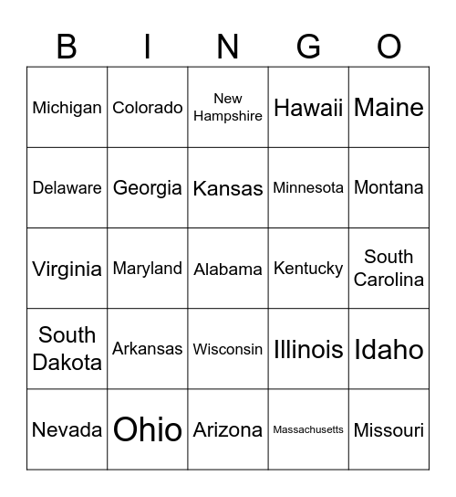 The 50 States Bingo Card