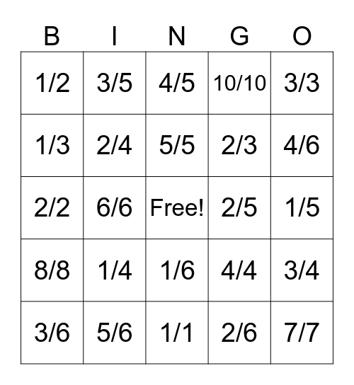 Fractions Bingo Card