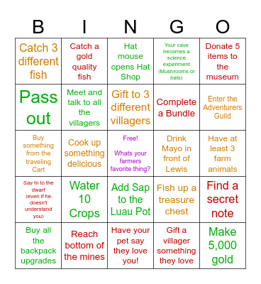 Stardew Valley Bingo Card