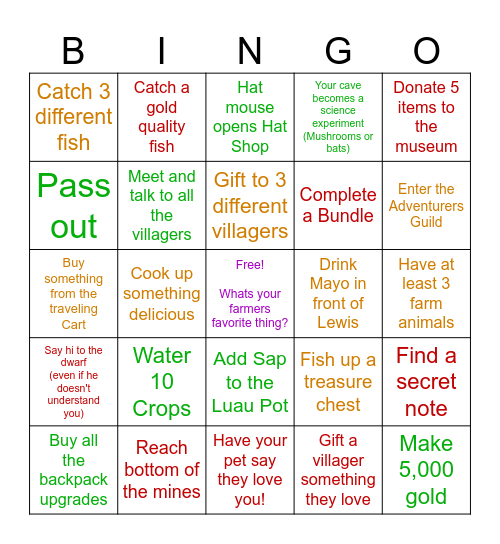 Stardew Valley Bingo Card