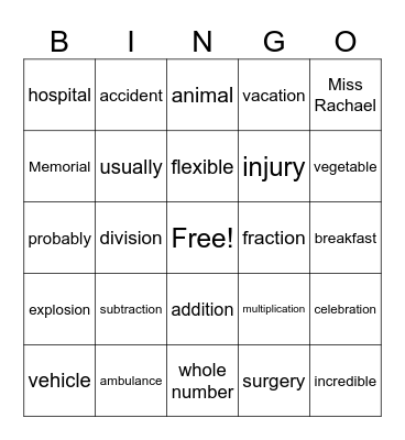 Multi-syllable Words Bingo Card